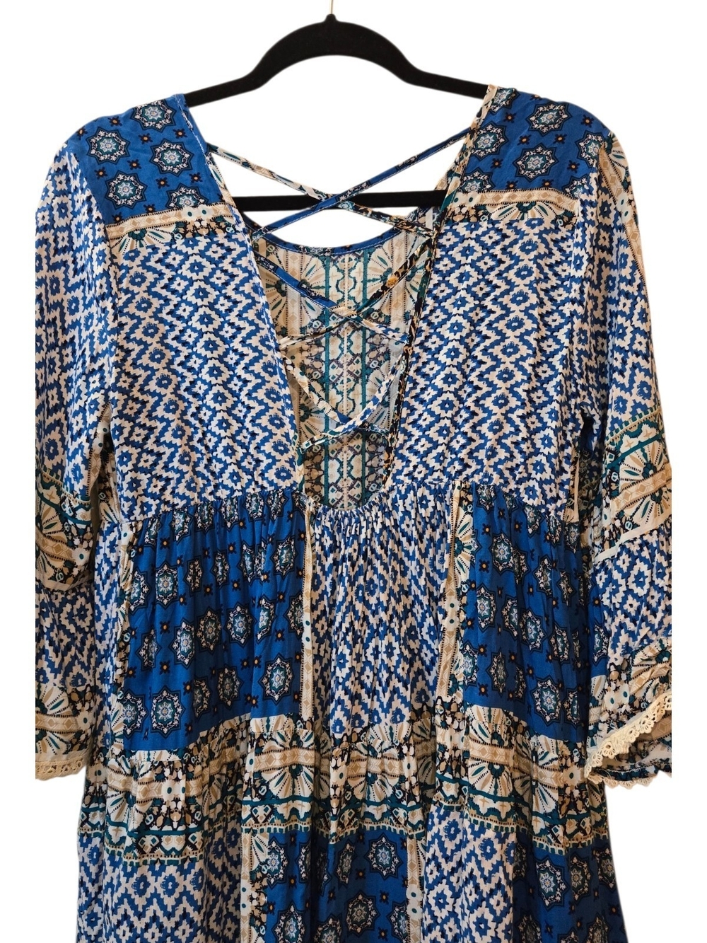 Umgee Mixed Print Blue Peasant Bohemian Tunic Dress with Crisscross Back Size S - Picture 4 of 14